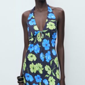 Floral-print halter-neck dress