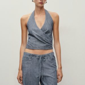 Striped crossover denim top