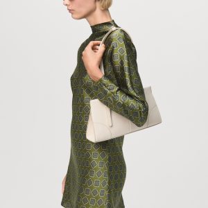 Satin printed dress with perkins collar