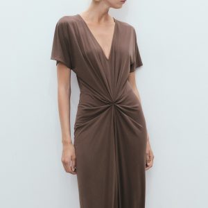 V-neck dress with gathered neckline