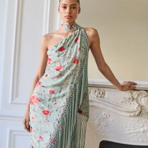 Asymmetrical dress with embroidered fringes