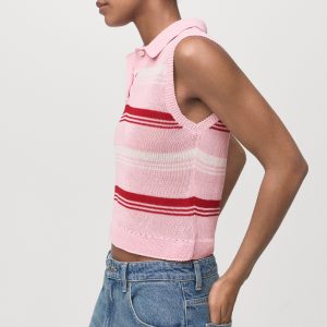 Striped knitted polo-neck top