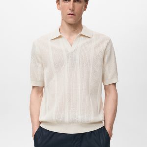 Knitted cotton polo shirt with lace pattern