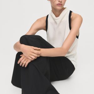 Blouse with draped collar and contrasting trim