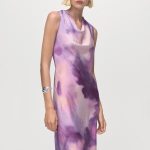 Satin tie-dye dress with draped neckline