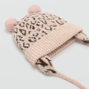 Leopard-print beanie with pom-poms
