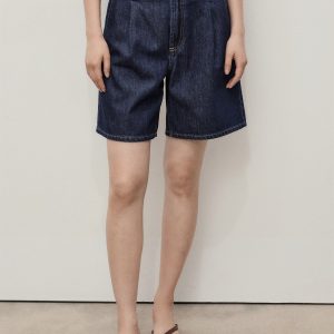 Mid-rise denim bermuda shorts with pleats