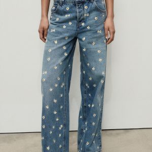 Flower-embroidered wide leg jeans