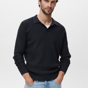 Cotton-blend ribbed polo sweater