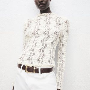 Sweater with perkins collar and lace design