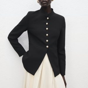 Jacket with jewel-button strip collar