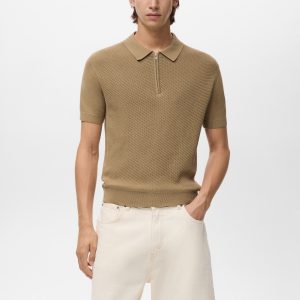 Knitted polo shirt with zipper and lace accents