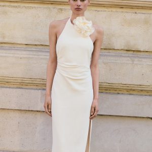 Draped halter-neck dress with flower motif