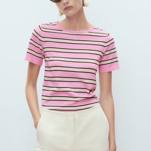 Short-sleeved sweater with combined stripes