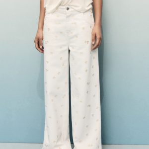 Flower-embroidered wide leg jeans