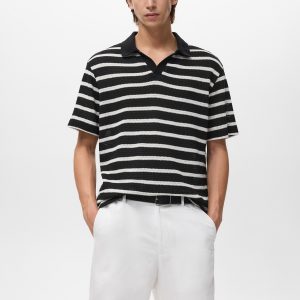 Striped braided-knit polo shirt