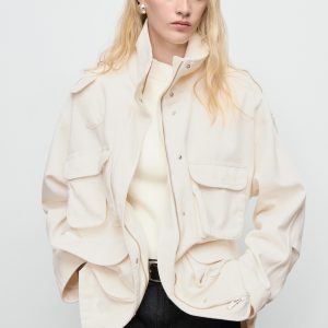 Oversized denim barn jacket with pockets