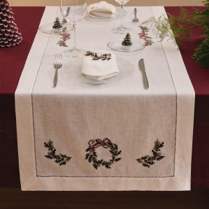 Embroidered linen Christmas table runner