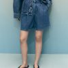 Mid-rise denim bermuda shorts with pleats