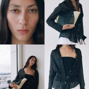 Small natural fiber basket with leather fringes