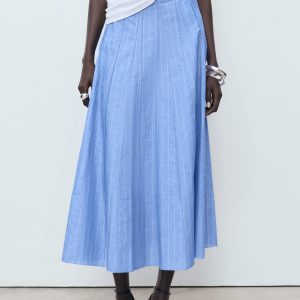 Striped linen-blend skirt