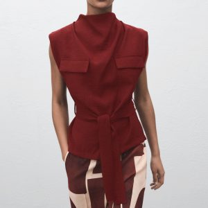 Blouse with draped neck and belt