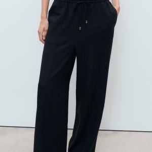 Linen-blend elastic waist pants