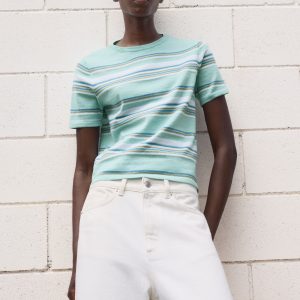 Short-sleeved sweater with combined stripes