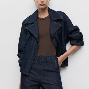 Short denim trench coat with belt