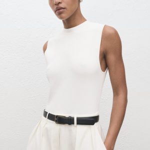 Combined-fabric jumpsuit with belt