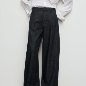 Wide-leg pleated denim trousers