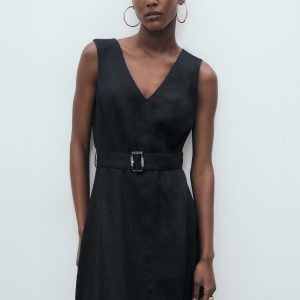 Flared linen dress with belt