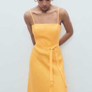 Bow linen-blend dress