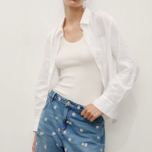 Floral-embroidered denim bermuda shorts