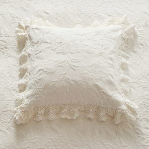Jacquard cotton bed cushion cover with voile frill and lace trim 50x50 cm