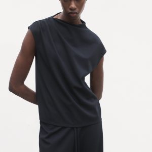 T-shirt with gathered asymmetrical neck