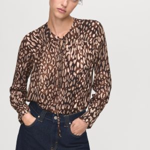 Satin leopard-print blouse with bow