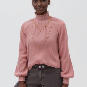 High-neck gathered blouse