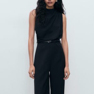 Long jumpsuit with draped neck and belt