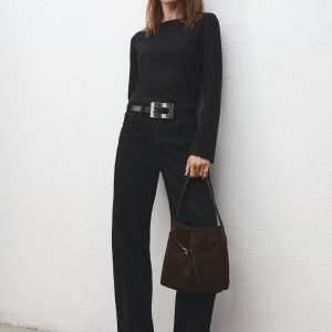 Suede bucket bag with buckle