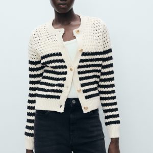 Striped knitted cardigan with lace pattern