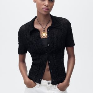 Textured polo-neck cardigan