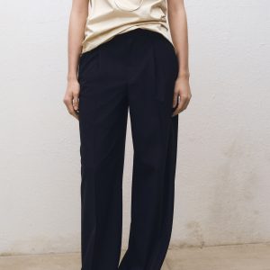 Wide leg wool-blend pleated pants