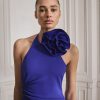 Draped halter-neck dress with flower motif