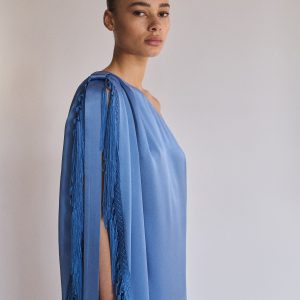 Asymmetrical satin dress with fringes