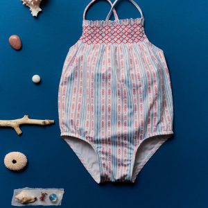 Striped ruffled swimming costume