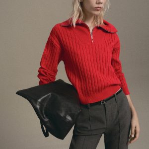 Cable-knit sweater with zip-up neck