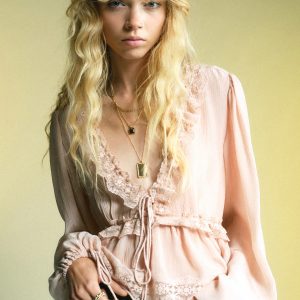 V-neck blouse with lace trim