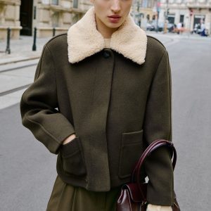 Wool-blend jacket with removable shearling collar